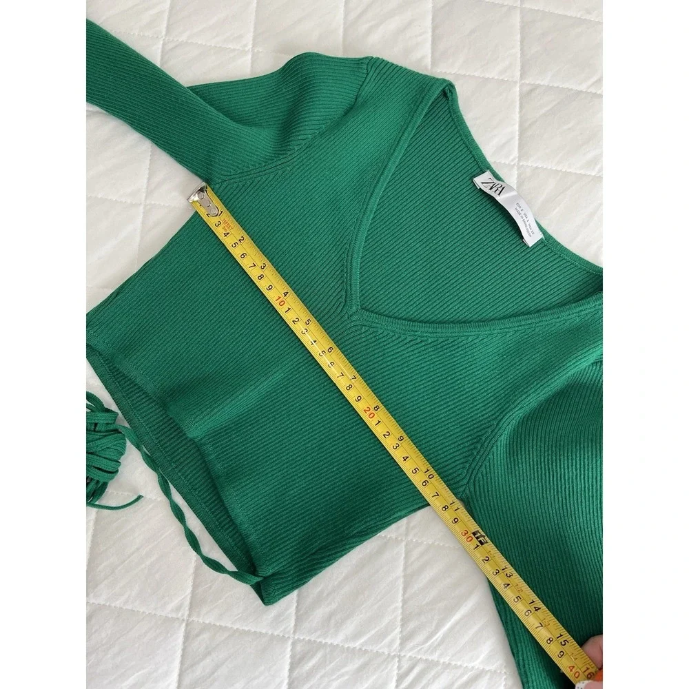 Zara Green Ribbed Cutout Tie Waist Crop Top Size S Coquette Y2K Party Night Out